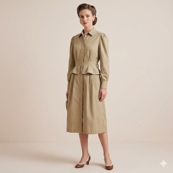 Adele Simpson Dresses & Skirts - VTG Adele Simpson Khaki Long Sleeve‎ Midi Dress Size 6 Military Wartime Look